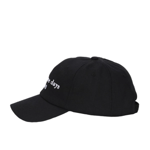 Classic black cotton baseball cap with white the days embroidery from a side view