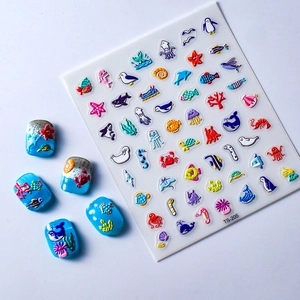 5D ocean theme nail stickers featuring 3D embossed sea creatures and gradient nails