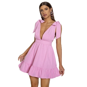 Pink V-neck mini dress with bow shoulder straps and tiered ruffle skirt for women