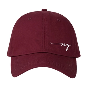 Unisex dark red cotton baseball cap with white NY embroidery and curved brim for sun protection