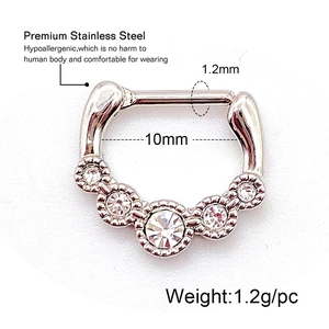 Macro detail of 1.2mm stainless steel septum ring with dimensions and crystal inlays