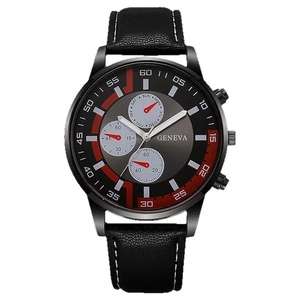 Men's business quartz watch with black leather strap and multi-dial Geneva design