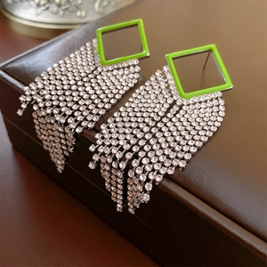Elegant hollow rhombic drop earrings with neon green accents and sparkling tassels