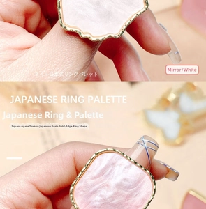 Detail of pink resin nail art palette rings with gold edges in wave and square shapes