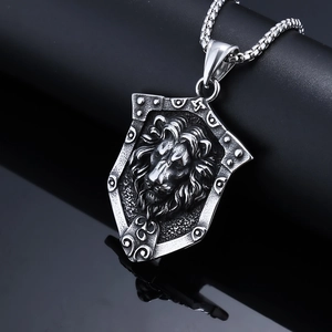 Punk style lion head shield pendant necklace in vintage silver stainless steel finish