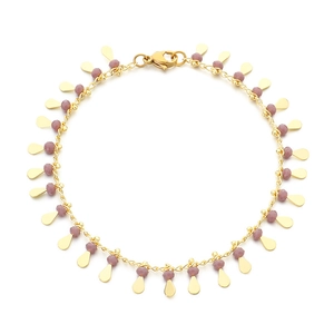 Gold droplet charm bracelet with purple faceted crystals and circular metal discs