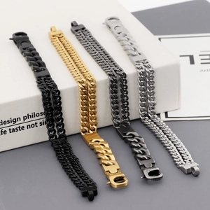 Bracelets gourmette double pour hommes en acier inoxydable, couleurs noir, or, argent et gris