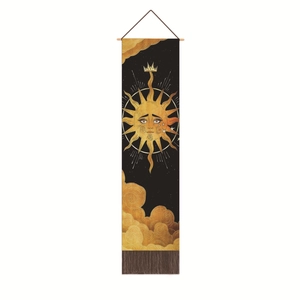 Nordic wall hanging scroll with vintage sun and clouds illustration in cotton fabric