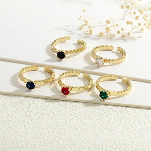 Set of five vintage 18K gold plated copper open rings with colorful zircon gemstones