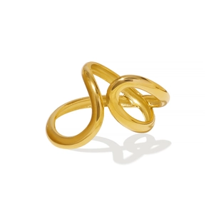 Minimalist 18K gold stainless steel ring with asymmetric fluid double drop line design