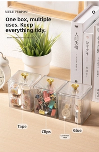 Three-piece acrylic storage boxes with gold floral handles for office supplies organized