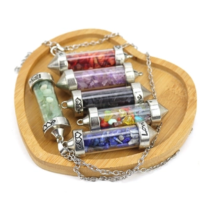 Colorful crystal chips in glass bottle pendants with Love engraving on heart wood tray