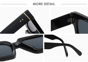 Detailed views of metal hinges, bridge, and polished temples on black vintage sunglasses