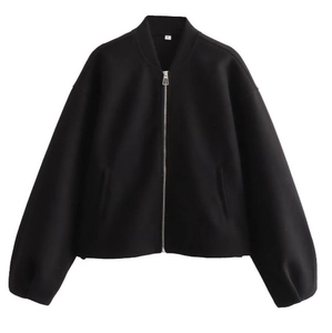 Women's black casual loose fit long sleeve bomber jacket with silver metal zipper closure