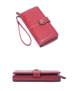 Fashion women long vintage leather wallet clutch purse with wrist strap and zipper red.