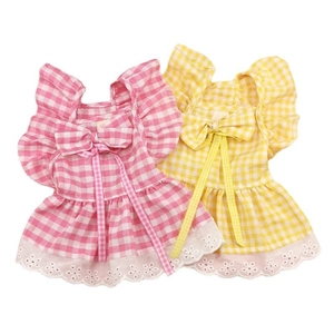 Pink and yellow checkered cotton dog dresses with lace trim and bow accents for small pets