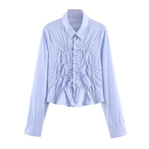 Women Long Sleeve Ruched Poplin Shirt Lapel Button Down Pleated Blouse Slim Fit Solid Color Sky Blue Elegant Fashion Tops