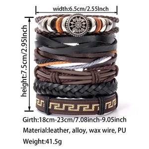 Detailed size chart and material specs for multilayer leather and alloy braided bracelet