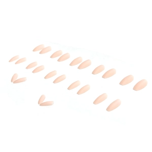 Matte nude pink long coffin press-on nails set in elegant ballerina shape on white background