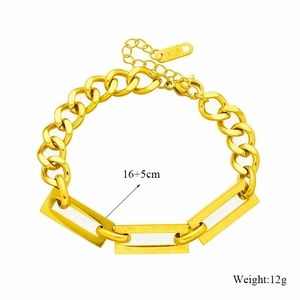 Gold titanium steel link bracelet with rectangle charms and adjustable K18 extension chain
