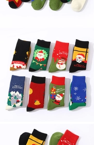 Flat lay of thick winter terry socks with diverse Christmas patterns and vibrant colors