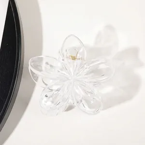 Close-up of flower-shaped transparent acrylic hair claw clip with gold metal spring detail