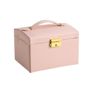 Pink multi-layer PU leather jewelry storage box with gold lock and carry handle