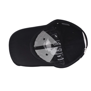 Detail view of cotton baseball cap interior with reinforced oxford lining and cloud embroidery