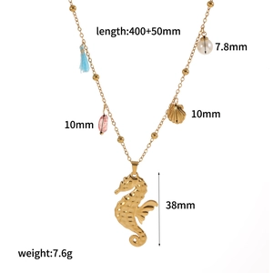 Gold seahorse pendant necklace with shell charms and colorful beads for women