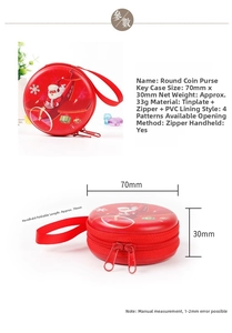 Macro view of tinplate Christmas coin purse showing 70mm diameter and durable zipper