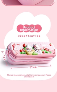 Pink 3D cartoon pencil case with waterproof fabric showing 22x7x7cm dimensions