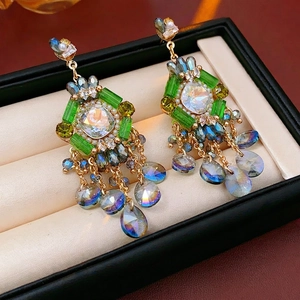 Bohemian Tassel Drop Earrings With Silver Earring Post Copper Zircon Glass Iridescent Water Drop Vintage Ethnic Style