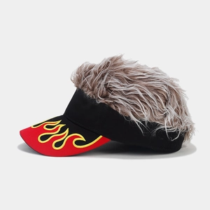 Black flame embroidered sun visor with grey-brown spiky hair wig for men and women