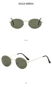 Detail view of retro oval sunglasses with gold metal frames and green lenses from two angles