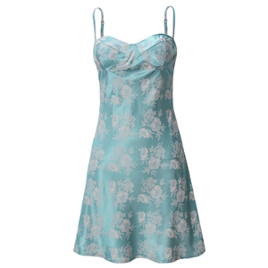 Detailed view of light blue satin floral mini dress with pleated bust and thin straps