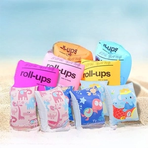 Close-up of durable inflatable arm floaties with cute cartoon animal prints and dual airbags