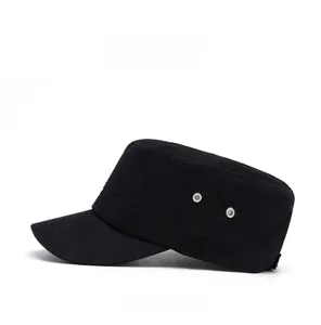 Side view of black cotton military flat top cap showing metal air vents and canvas texture