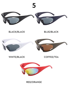 Five pairs of Y2K wraparound sports sunglasses in assorted colors on white background