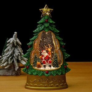 Lighted Christmas tree snow globe lantern with Santa and reindeer scene decor
