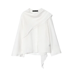 Women White Long Sleeve Blouse Asymmetrical Layered Design Chic Elegant Solid Color Shirt Polyester Office Lady Tops