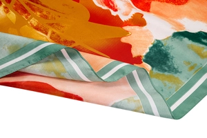 Detail of 130cm floral silk scarf showing abstract print and polished satin texture