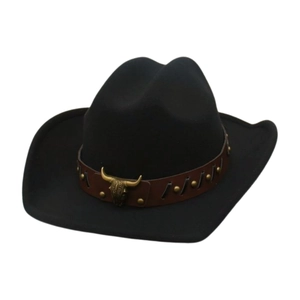 Classic black felt western cowboy hat with a brown leather band and bull head metal ornament