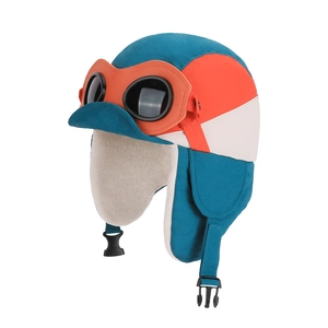 Kids winter aviator hat with goggles and fleece lining in blue red and beige colors