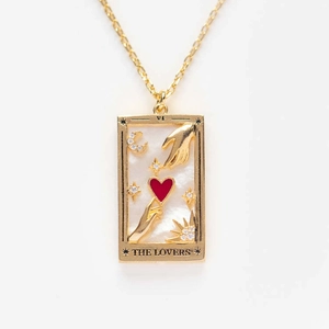 Gold plated tarot necklace The Lovers pendant with pink heart and mother of pearl inlay