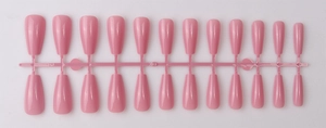 Detail view of 24 pieces pink glossy coffin ballerina press on nails set on a frame