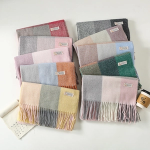 Soft plaid checkered scarf with tassels for winter fashion, showing multi-color patchwork style