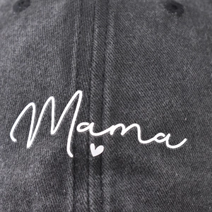 Washed distressed cotton baseball cap with white Mama script print and heart detail
