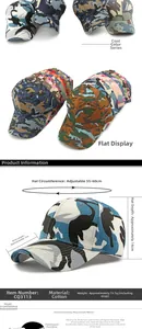 Detail view of cotton camouflage baseball caps with adjustable strap measurements