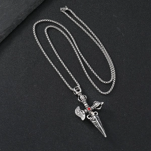 Gothic stainless steel cross pendant necklace with red gem and silver box chain