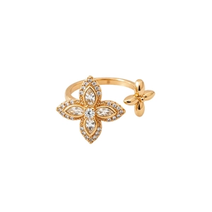 French luxury gold flower open ring with sparkling marquise and round zircon crystals